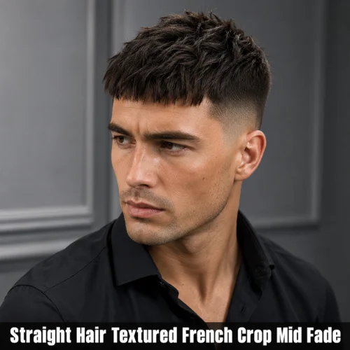 Straight hair textured French crop mid fade with choppy layers and clean fade