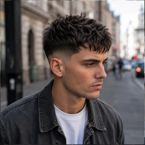 Young man with a versatile French Crop Low Taper haircut in a modern urban setting.
