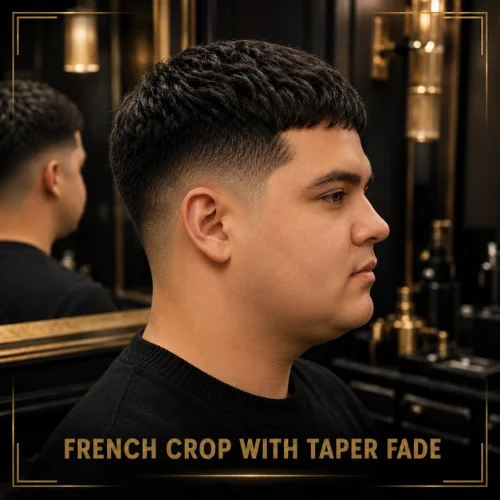 Taper fade French crop haircut for men clean professional style short sides textured top modern look