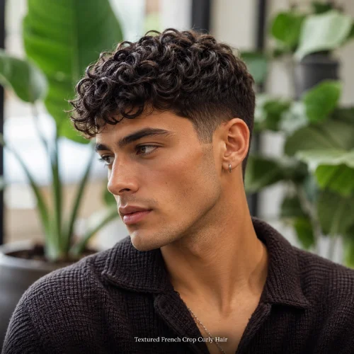 Textured French crop curly hair with natural movement and shaped curls