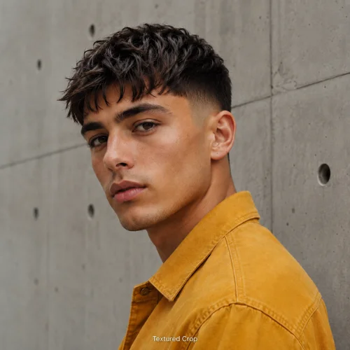 Textured French crop with low taper fade and choppy layered top