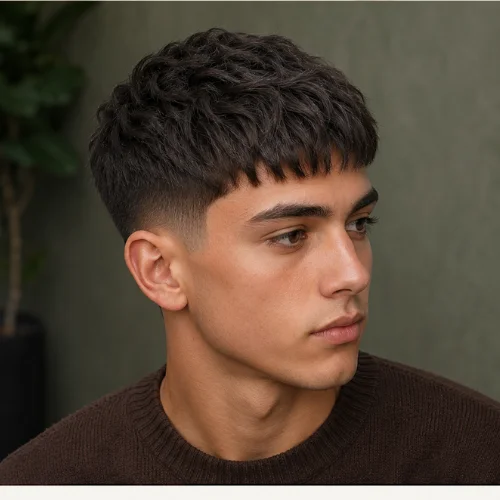 A man with textured French Crop Low Taper haircut, short sides, textured top with natural movement.