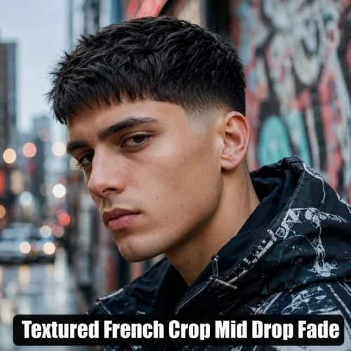 Textured French crop mid drop fade haircut with curved fade and modern fringe