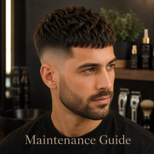 Fresh textured French crop mid fade haircut with clean sides and neat textured top in a grooming setting