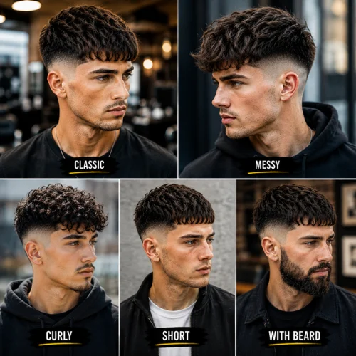 Popular textured French crop mid fade variations for men including classic, messy, curly, short, and beard styles