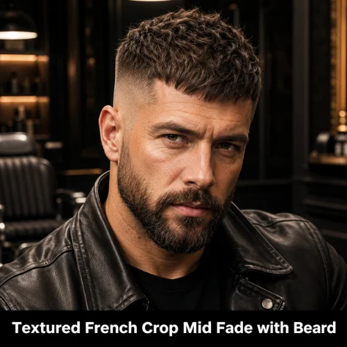 Textured French crop mid fade with beard and blended masculine fade style