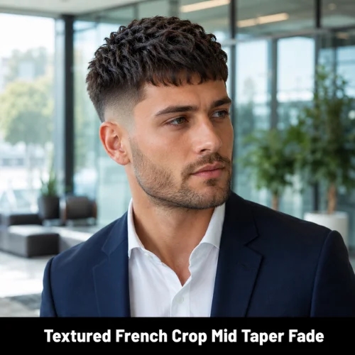 Textured French crop mid taper fade haircut with soft neckline and professional style