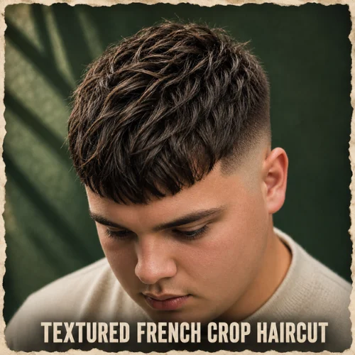 Textured French crop hairstyle for men round face with volume top natural messy modern haircut style