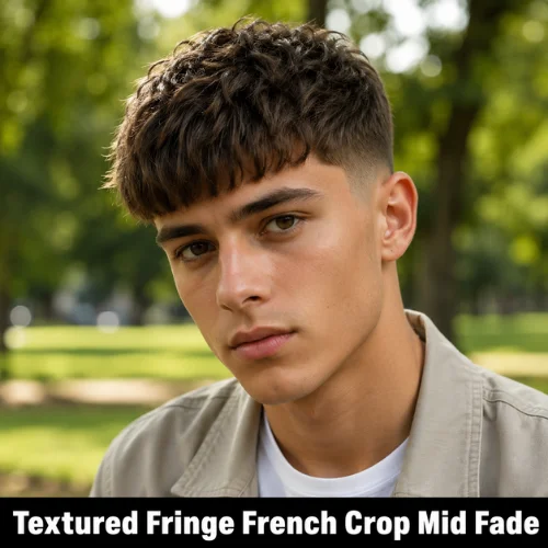 Textured fringe French crop mid fade haircut with forward fringe and clean sides