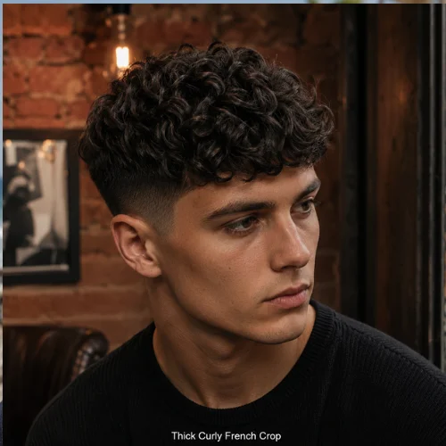 Thick Curly French Crop with full curls on top and controlled short sides