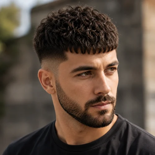 French crop haircut on thick hair with textured top and full beard