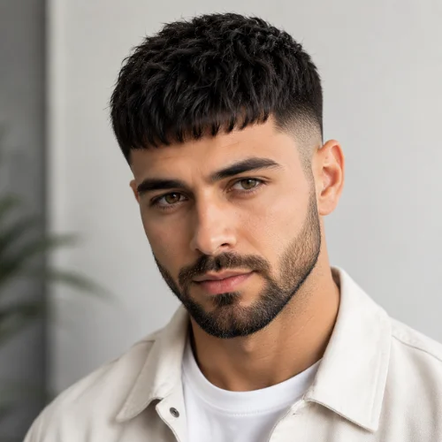 French crop for natural hair paired with short beard and faded sides
