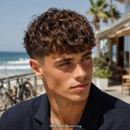Wavy Curly French Crop with soft waves, loose curls, and clean short sides