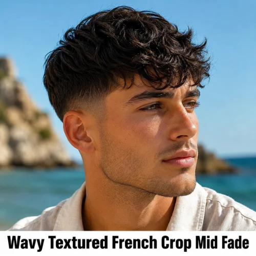 Wavy textured French crop mid fade haircut with natural waves and soft texture
