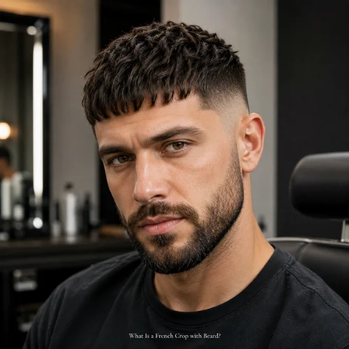 Neat French crop haircut with short beard showing cropped top, fringe, and faded sides