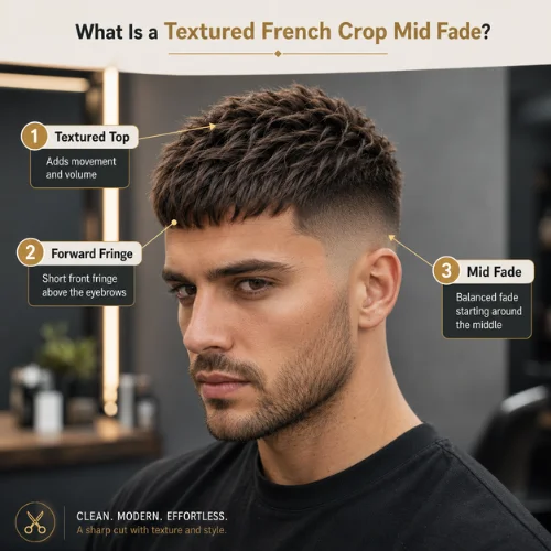 Infographic-style image explaining a textured French crop mid fade haircut with labeled sections for textured top, forward fringe, and mid fade