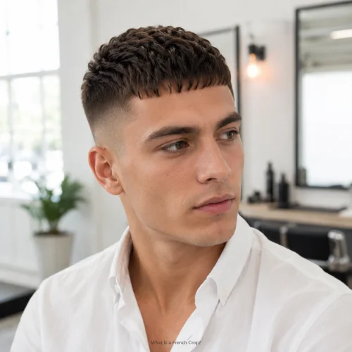 Young man with a clean French crop haircut in a bright barber studio