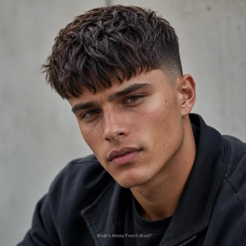 young man with messy French crop haircut, forward fringe, natural texture, and faded sides