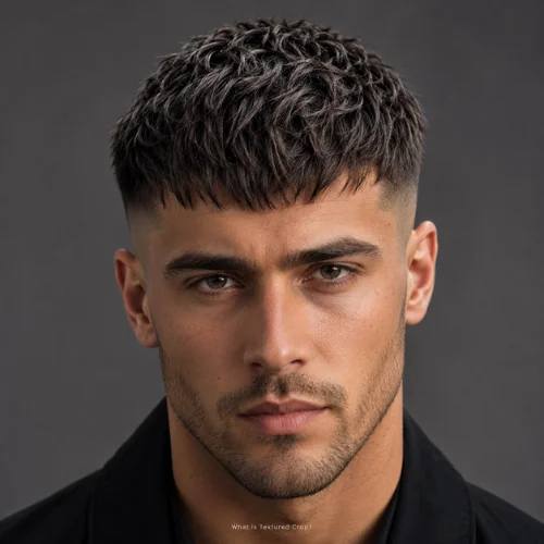 Male model with textured crop haircut, choppy layers, defined top, and clean faded sides
