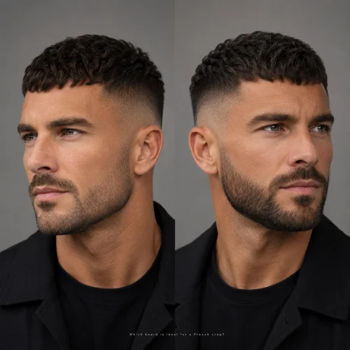 French crop haircut with short blended beard showing the ideal beard style for a balanced jawline