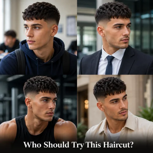 Different men wearing textured French crop mid fade haircuts for school, office, gym, and casual style