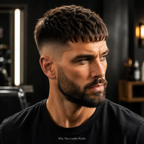 French crop fade with shaped beard showing balance between haircut and facial hair