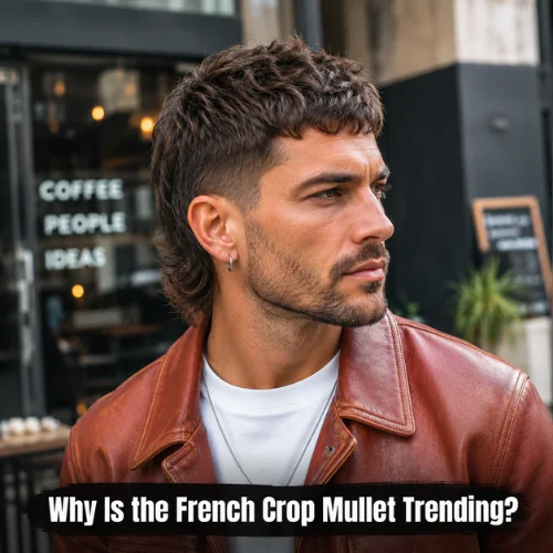French crop mullet trending hairstyle with textured crop front, clean sides, and fashionable back