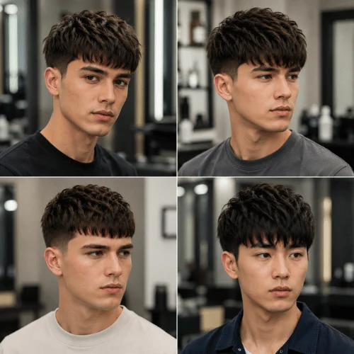 Four male models with different face shapes wearing customized French crop two block haircuts.