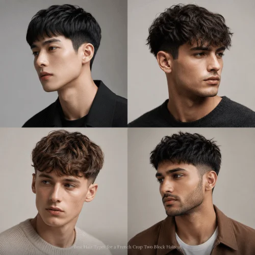 Four men with different hair textures wearing French crop two block haircuts for straight, thick, wavy, and fine hair.