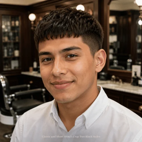 College-aged man wearing a classic short French crop two block haircut with neat fringe and clean sides.