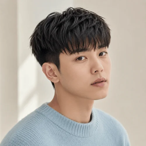 Young East Asian man wearing a medium-length Korean French crop two block haircut with layered top and soft fringe.