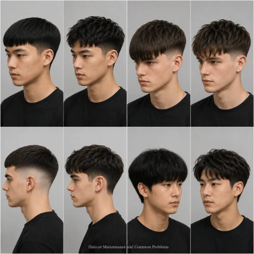 Haircut guide showing French crop two block maintenance tips and common styling mistakes with solutions.
