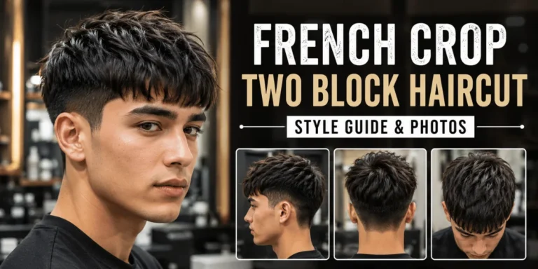 Young man wearing a modern French crop two block haircut with textured fringe and shorter clean sides in a premium barbershop.