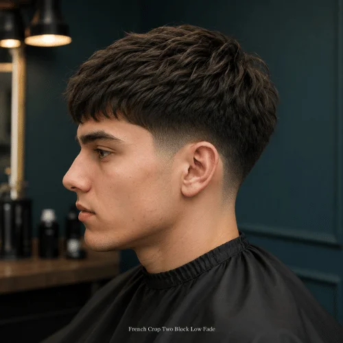 Side profile of a man with a French crop two block haircut featuring a subtle low fade and textured top.