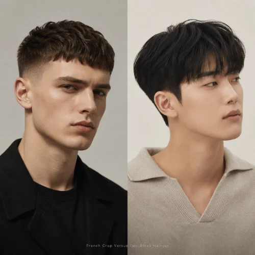 Comparison between a classic French crop haircut and a Korean two block haircut showing different styles and structures.
