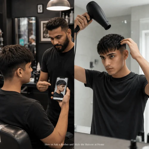 Man discussing a French crop two block haircut with a barber and styling the haircut at home.