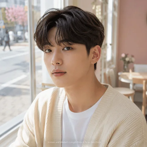 Young Korean man with straight black hair wearing a French crop two block haircut with soft fringe and natural volume.