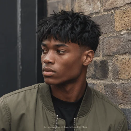 Young man with a messy textured French crop two block haircut featuring choppy layers and natural movement.