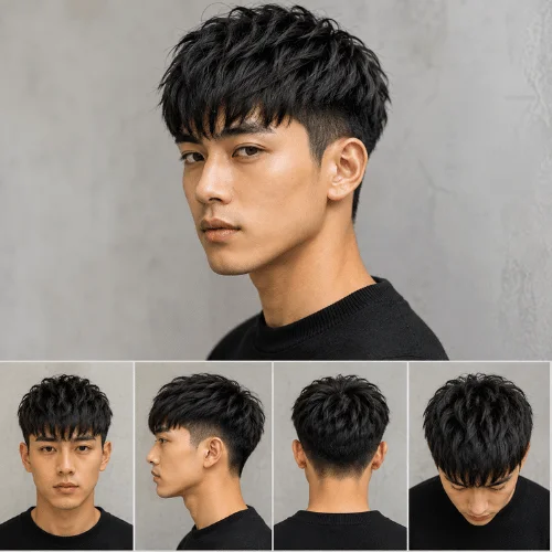 Young man showing the structure of a French crop two block haircut with longer top hair and shorter lower sides.