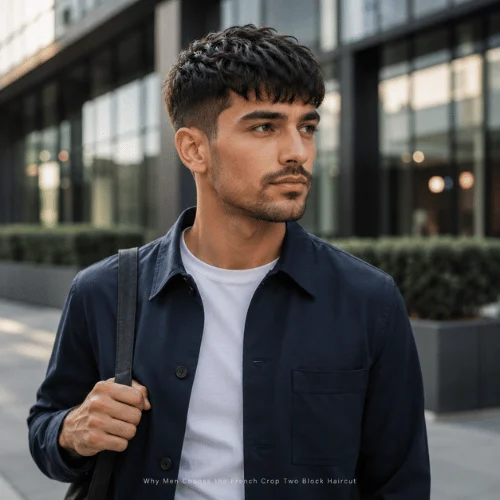 Businessman wearing a French crop two block haircut with textured top and neat sides for a modern professional style.